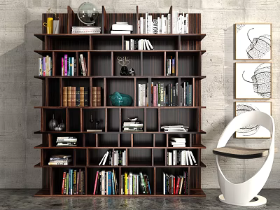 Dark Wooden Bookshelf Filled with Books Decorative Globe Vase and Modern Chair on Grey Wall 3d model