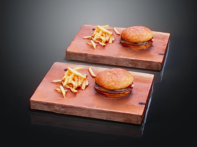 Two Delicious Hamburgers with Crispy French Fries on Wooden Serving Boards 3d model