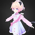Adorable Blonde Anime Maid With Black Cat Ears Tail Pink White Outfit And Heart Patterns