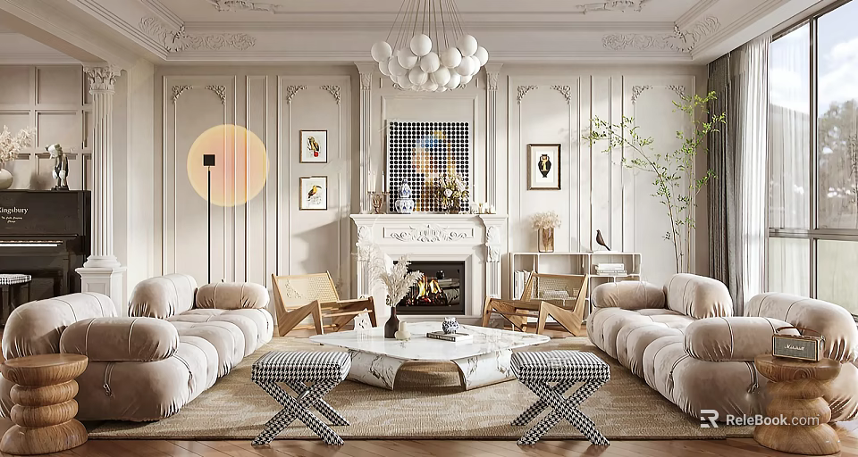 Elegant Living Room Interior With Paneled Walls Fireplace Plush Sofas And Marble Coffee Table 3d model 