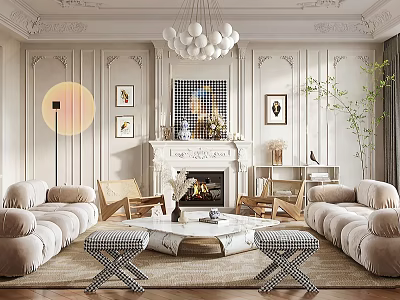 Elegant Living Room Interior With Paneled Walls Fireplace Plush Sofas And Marble Coffee Table 3d model