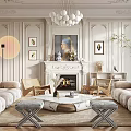 Elegant Living Room Interior With Paneled Walls Fireplace Plush Sofas And Marble Coffee Table