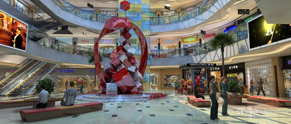 Spacious Shopping Mall Atrium With Large Red Sculpture Multi Level Stores And People 3d model 