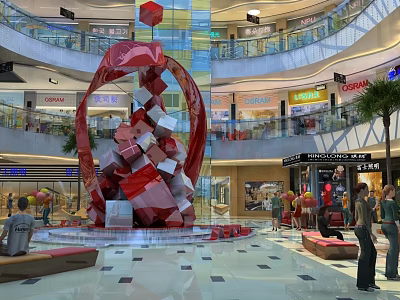 Spacious Shopping Mall Atrium With Large Red Sculpture Multi Level Stores And People 3d model