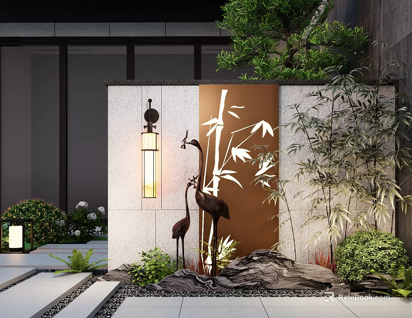 Outdoor Feature Wall With Carved Bamboo Pattern Crane Sculptures Chinese Lantern Green Plants And Rocks 3d model 