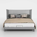 Modern Double Bed with Gray Upholstered Headboard Plaid Pillows and Beige Blanket in Sleek Design