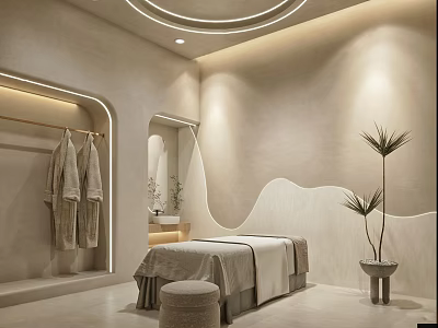 Serene SPA Sauna Interior With Massage Bed Hanging Robes Palm Plant And Curved Walls 3d model