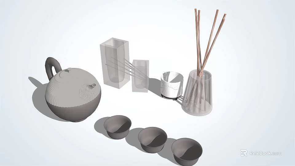 Elegant Modern Ceramic Teaset With Teapot Three Teacups And Glass Container 3d model 