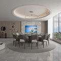 Modern Luxury Private Box Interior With Round Dining Table Grey Chairs Chandelier And Large Windows