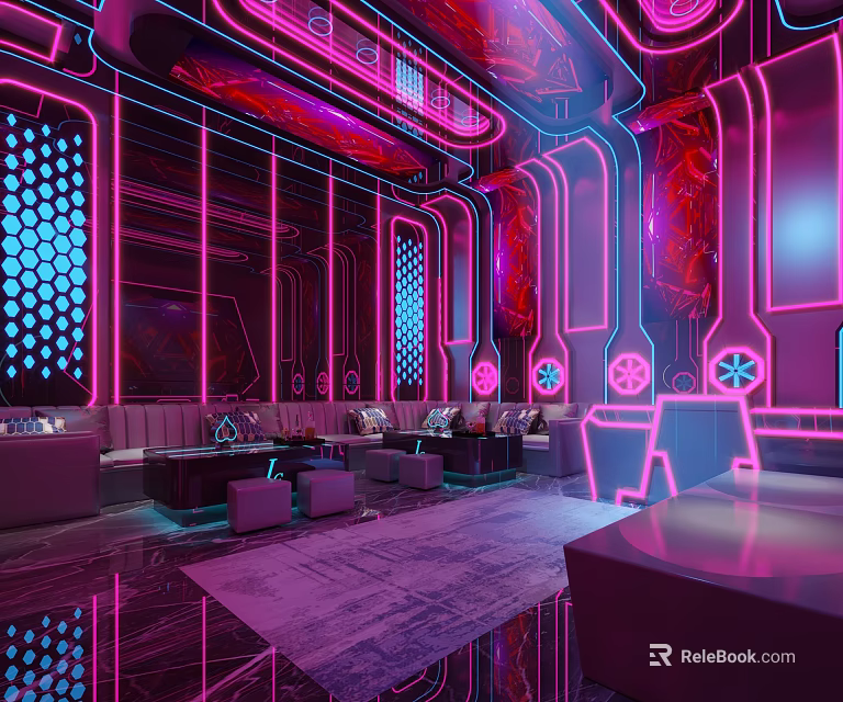 Elegant Modern KTV Interior Design Featuring Neon Lights Sofas And Decorative Walls 3d model
