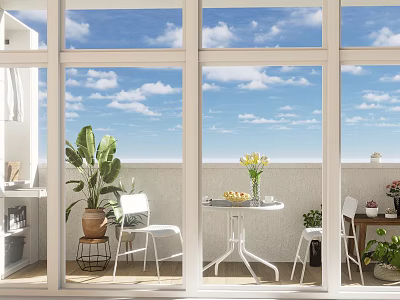 Home Balcony with Large Windows Blue Sky White Clouds Green Plants Flowers and White Chairs Tables Decorations 3d model