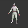 Game Movie Character in White Protective Suit with Red Face Mask Yellow Belt Standing Pose