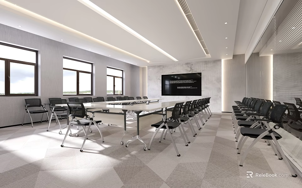 Modern Conference Room Interior With Long Table Black Chairs Windows And Projection Screen 3d model