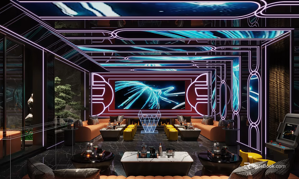 Modern KTV Private Room With Neon Lights And Sofas 3d model