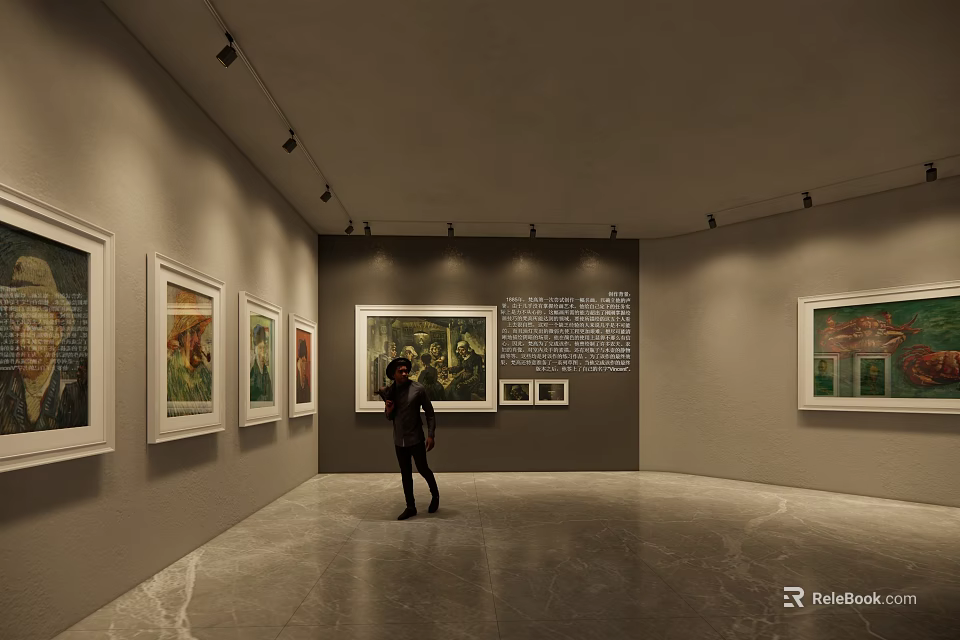 Modern Art Gallery Space With Framed Paintings Standing Person And Marble Floor 3d model 
