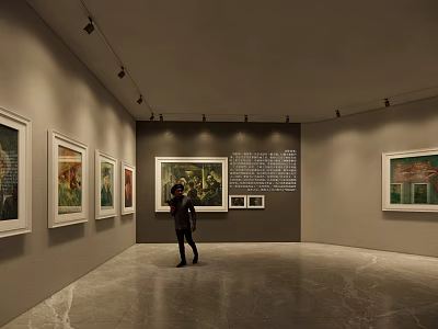 Modern Art Gallery Space With Framed Paintings Standing Person And Marble Floor 3d model