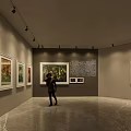 Modern Art Gallery Space With Framed Paintings Standing Person And Marble Floor