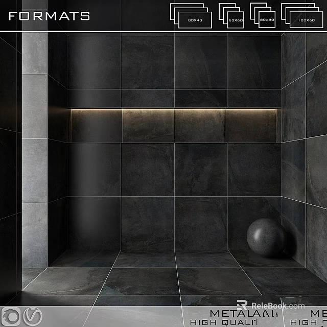 Dark Tile Wall and Floor Construction With Metal Sphere And LED Light Strip 3d model 