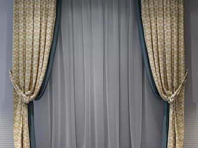Elegant Curtains With Patterned Outer Fabric Sheer Inner Layer Blue Trim Gold Details Tied Back 3d model