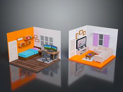 Miniature Bedroom And Living Room Models With Bed Desk Computer Sofa TV Coffee Table 3d model