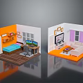 Miniature Bedroom And Living Room Models With Bed Desk Computer Sofa TV Coffee Table