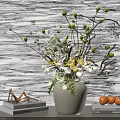 White Ceramic Vase With Mixed Flowers Decorative Branches And Oranges Near Books On Table