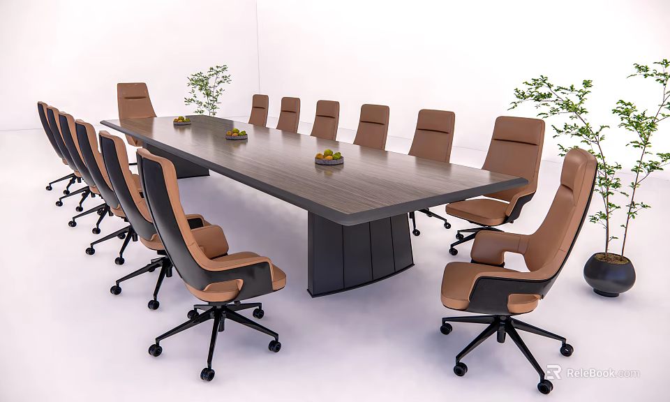 Modern Dark Wood Conference Table With Ergonomic Office Chairs And Green Plants 3d model 