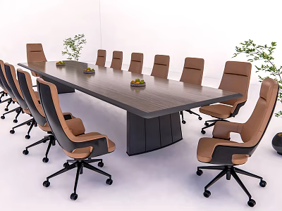 Modern Dark Wood Conference Table With Ergonomic Office Chairs And Green Plants 3d model