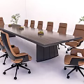 Modern Dark Wood Conference Table With Ergonomic Office Chairs And Green Plants
