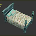 Blue Wooden Bed Frame With Floral Bedspread And Light Pink Pillows
