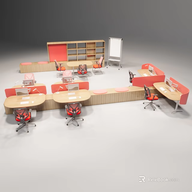 Modern Office Workstations With Red Wooden Desks Chairs Bookshelf And Whiteboard 3d model 