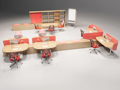 Modern Office Workstations With Red Wooden Desks Chairs Bookshelf And Whiteboard 3d model