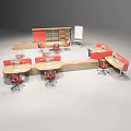 Modern Office Workstations With Red Wooden Desks Chairs Bookshelf And Whiteboard