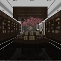 Elegant Liquor and Tobacco Store Interior With Wooden Shelves Central Display And Pink Floral Decoration
