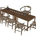 Minimalist Wooden Tea Table and Chairs with Teacups Teapot and Small Plant