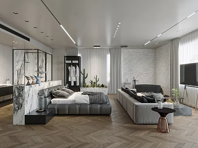 Sleek Modern Hotel Room Interior With Comfortable Bed Spacious Sofa And Marble Accents 3d model