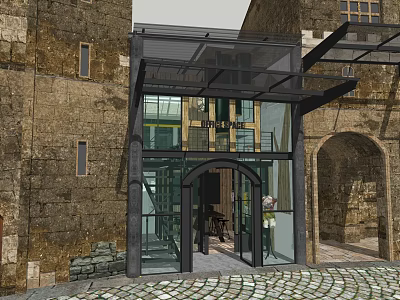 Historic Stone Building Cafe With Modern Glass Entrance And Cobblestone Ground 3d model