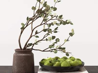 Decorative Ornament Set With Ceramic Vase Green Leaf Branches And Black Plate Green Apples 3d model