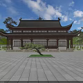 Traditional Chinese Ancient Architecture With Black Roof Flying Eaves And Open Square