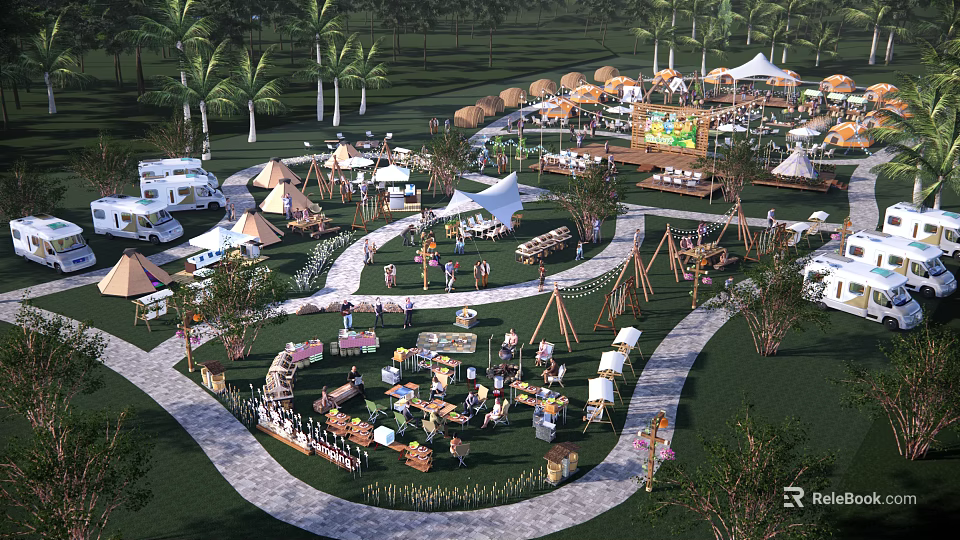 Lush Green Camping Site With Tents Palm Trees Market Stalls And Activities 3d model 