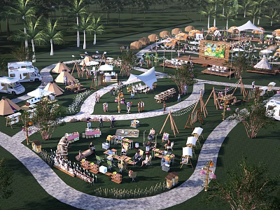 Lush Green Camping Site With Tents Palm Trees Market Stalls And Activities 3d model