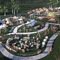 Lush Green Camping Site With Tents Palm Trees Market Stalls And Activities