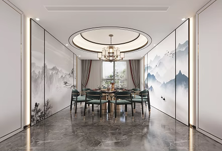 New Chinese Dining Box Hotel Box Dining Table and Chair Bar Tableware Decoration Plant Chinese Partition Background Wall 3d model