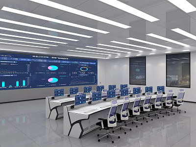 Modern Monitoring Room With Large Display Screens Data Visualization Charts And Ergonomic Workstations 3d model