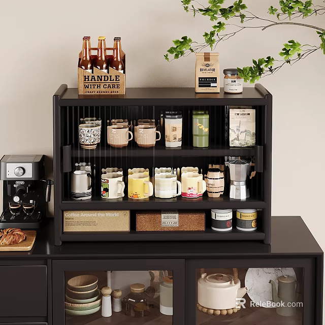 Black Kitchen Cabinet With Open Design Coffee Station Coffee Supplies And Green Plants 3d model 