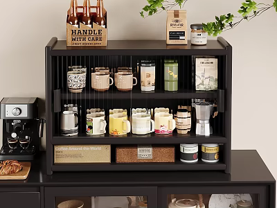 Black Kitchen Cabinet With Open Design Coffee Station Coffee Supplies And Green Plants 3d model