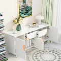 Bright Entryway Nook Featuring White Console Cabinet Green Vase Flowers Lamp Books Painting And Plant