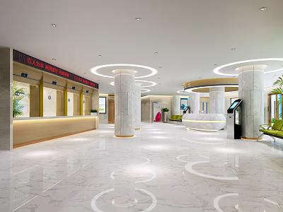 Modern Medical Reception Area With Marble Floor Columns Circular Lighting And Green Plants 3d model