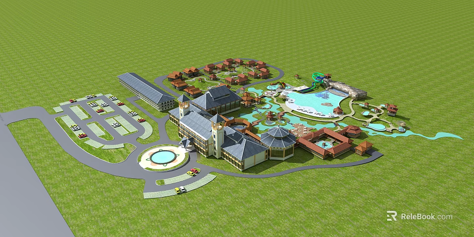 Scenic Resort Hotel Building With Swimming Pool Parking Area And Landscaped Gardens 3d model 