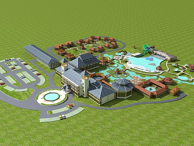 Scenic Resort Hotel Building With Swimming Pool Parking Area And Landscaped Gardens 3d model